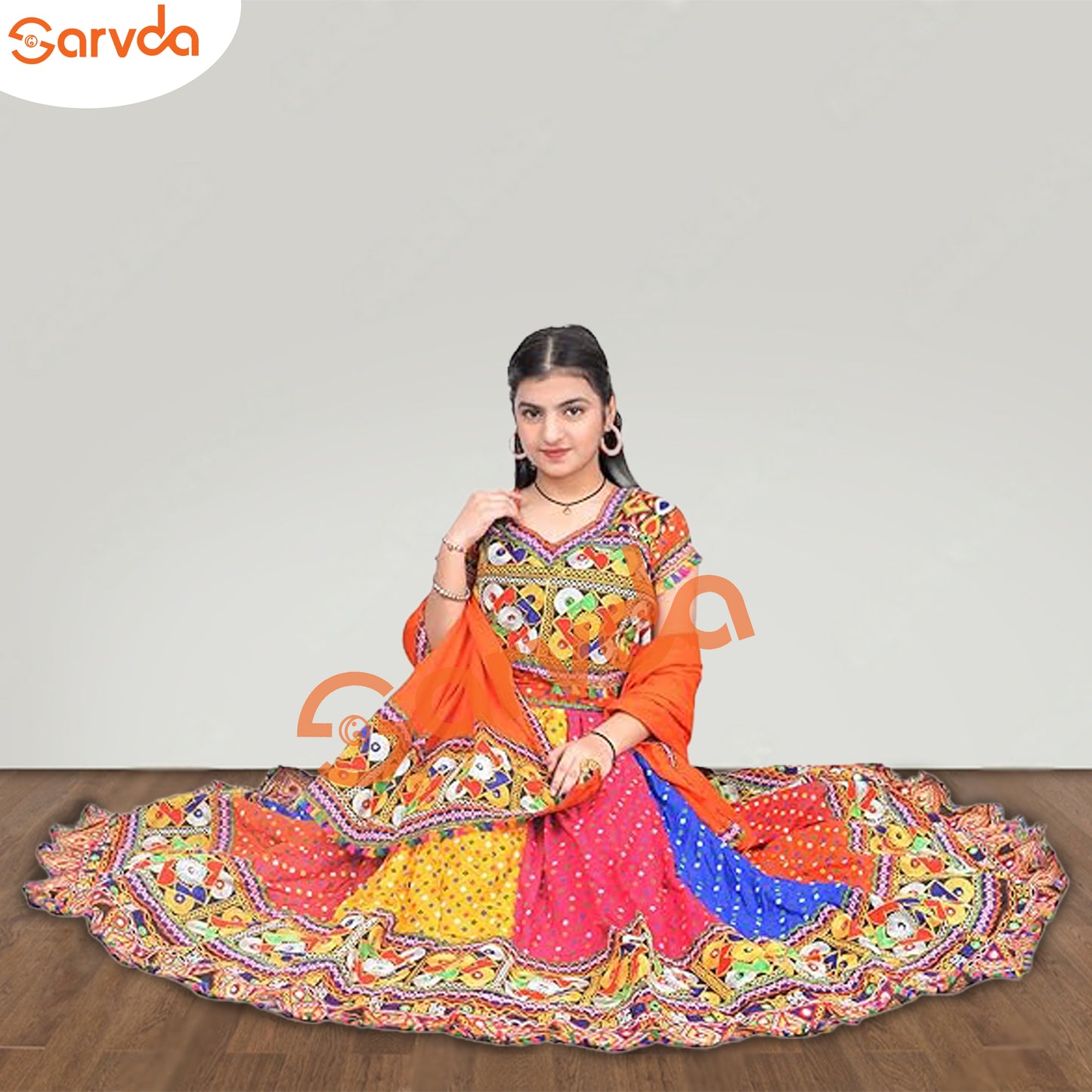 Toran Border Multicolor Gujrati Garva Lahenga For Adults