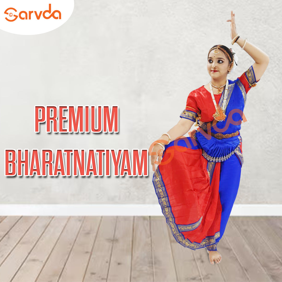 Premium Bharatanatyam (5 pcs set) Dance Costume - Red And Blue