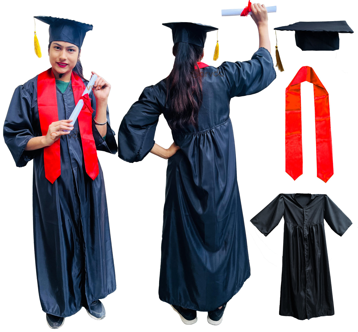 New Convocation/Degree Gown Black Colour With Red Sashe For Girls - Adult