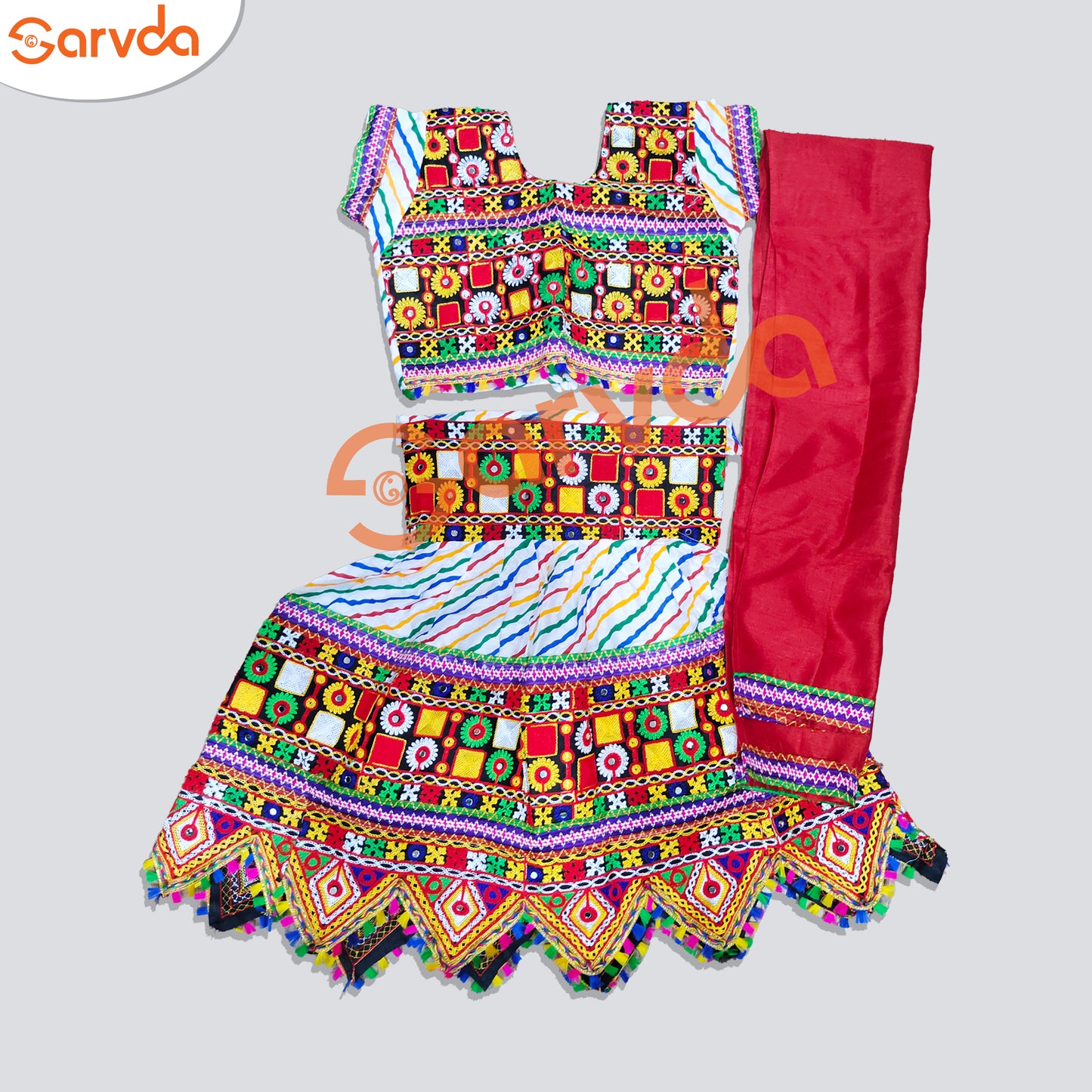 Lehriya Print Gujrati Lahenga With Toran Border - Assorted Colour