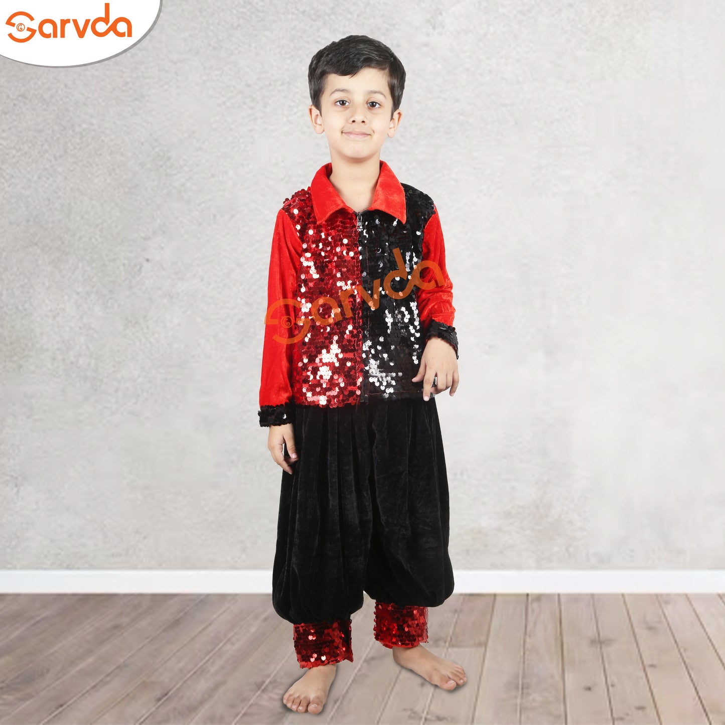 Red Sequence Shirt and Black Herum Set for Boys Western dress