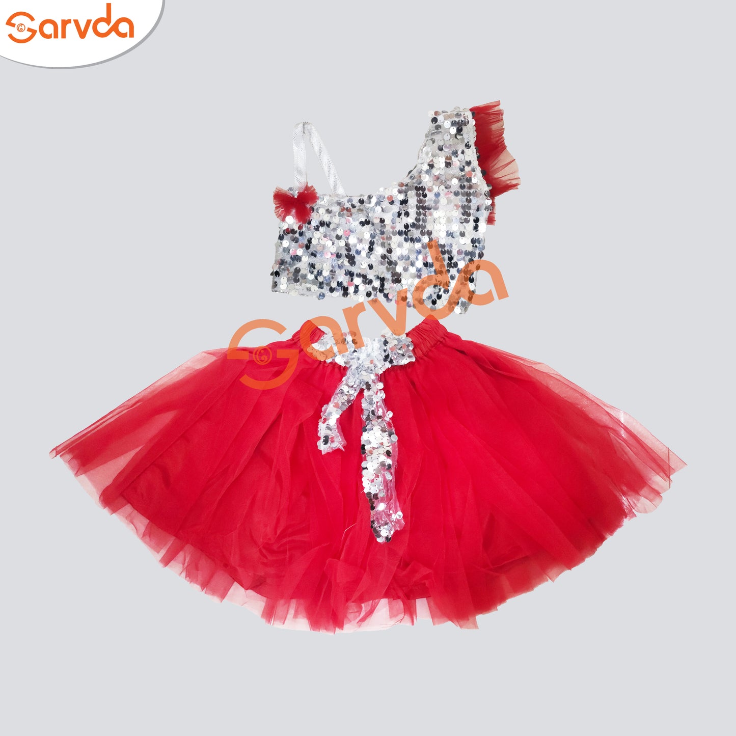 Silver Sequence Top and Red Skirt for Girls