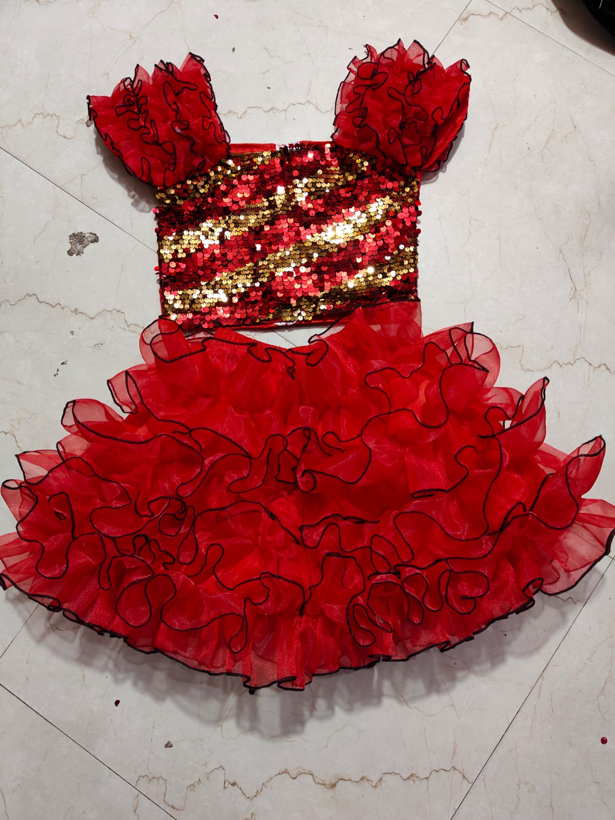 Prebooking Red & Golden Sequence Top and Red Skirt