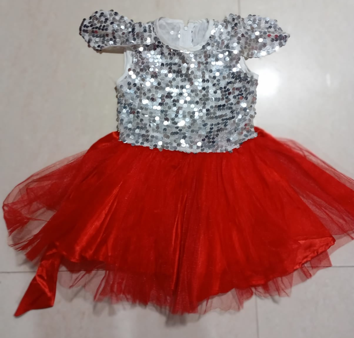 Silver Sequence With Red Net Frock