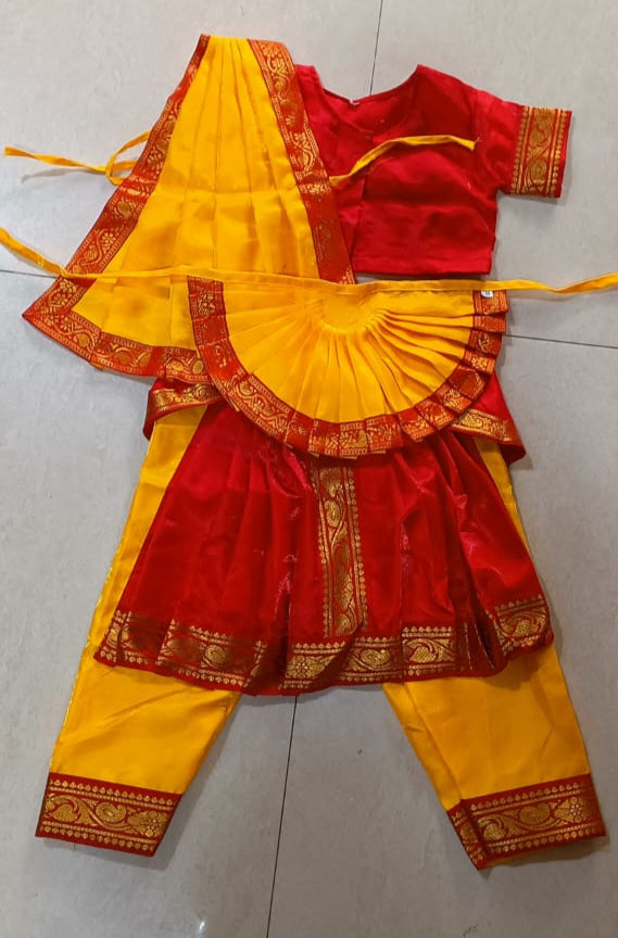 Premium Bharatanatyam (5 pcs set) Dance Costume - Red And Yellow
