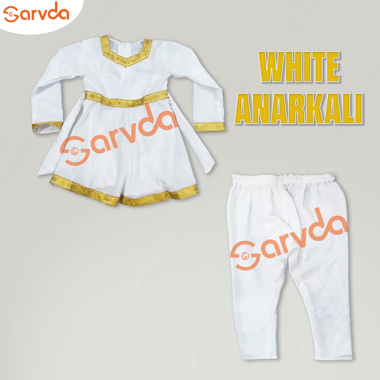 White Anarkali with Golden Border with white pajami Set