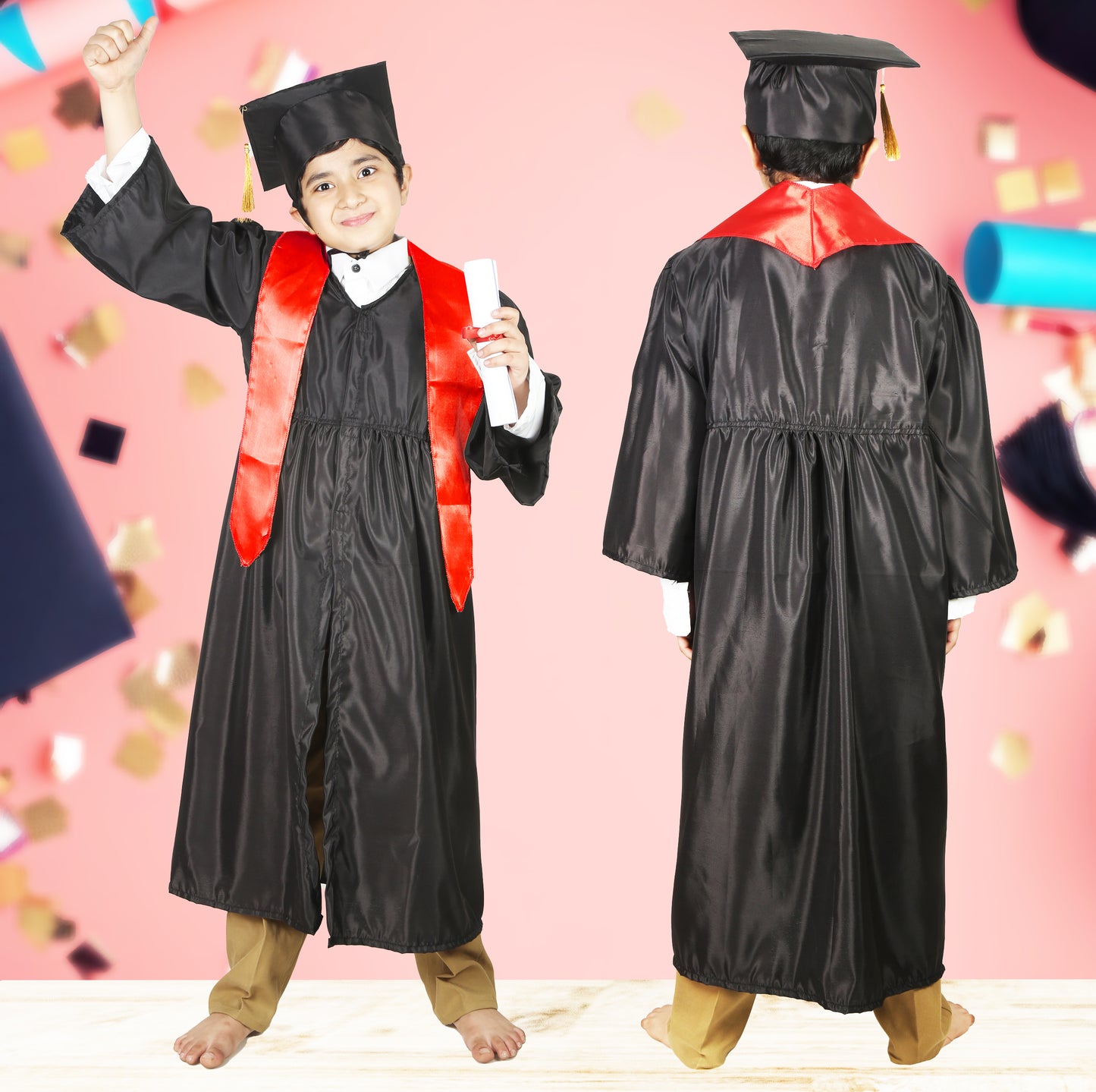 New Convocation / Graduation/ Degree Black Gown with Degree Cap & Red Sashe