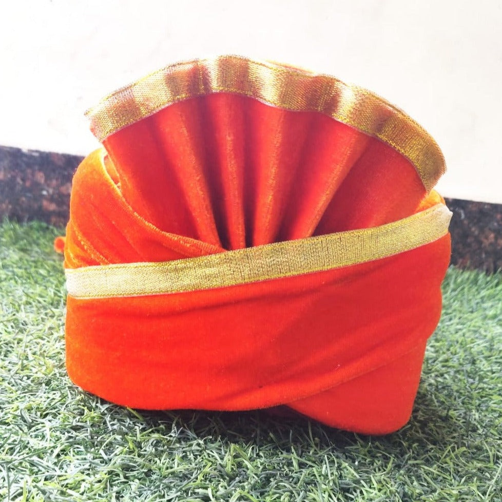 Orange velvet pagri/ Safa without lace -(Heavy shipping rate may be increase)
