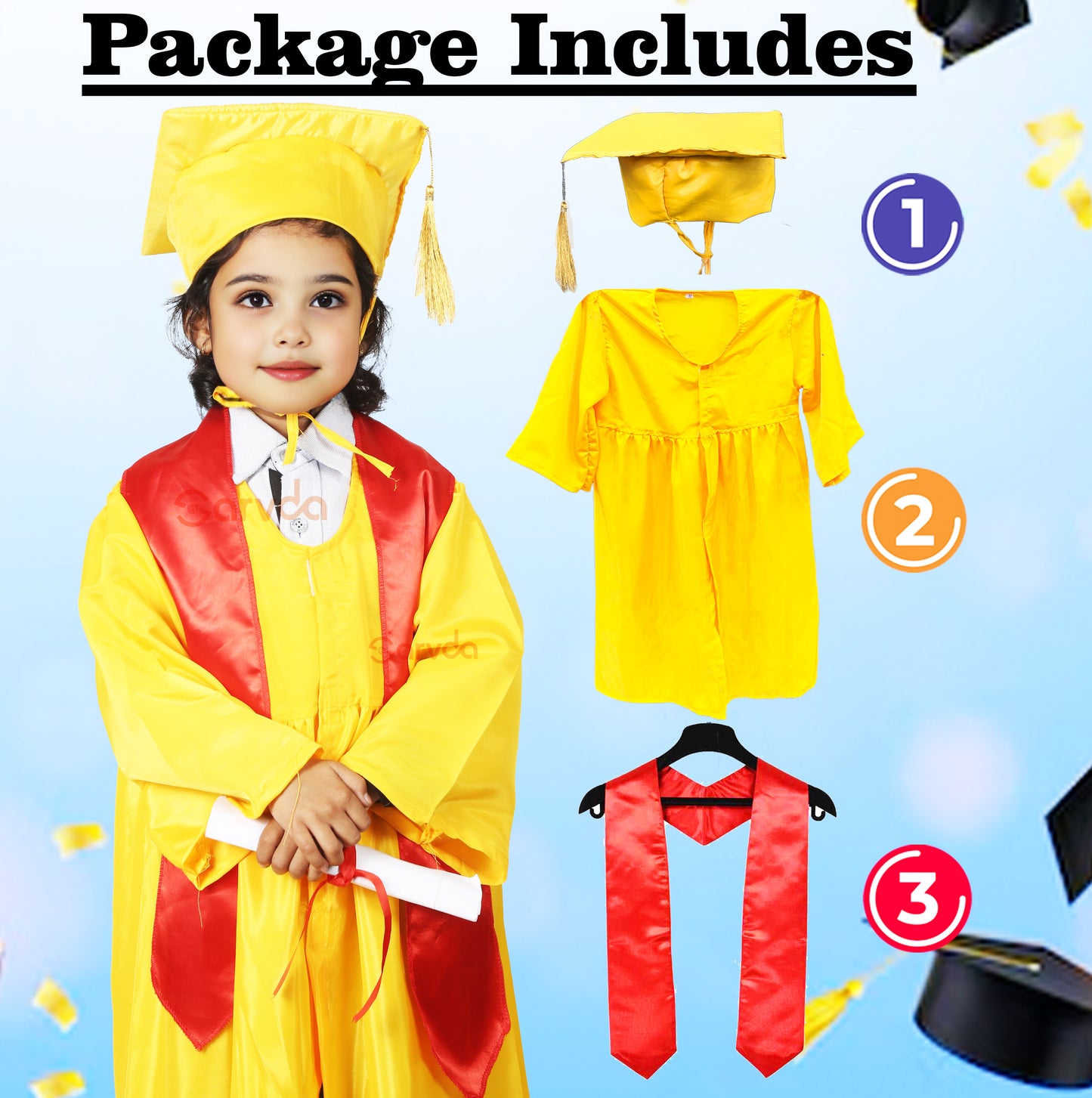 New Convocation / Graduation/ Degree Yellow Gown with Degree Cap & Red Sashe