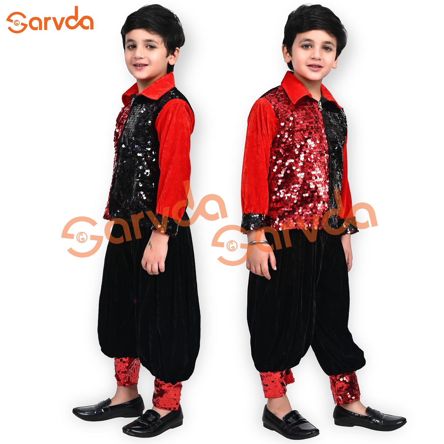Red Sequence Shirt and  Black Herum  Set for Boys Western dress