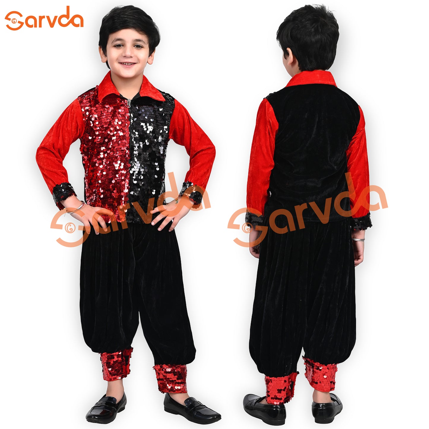 Red Sequence Shirt and  Black Herum  Set for Boys Western dress