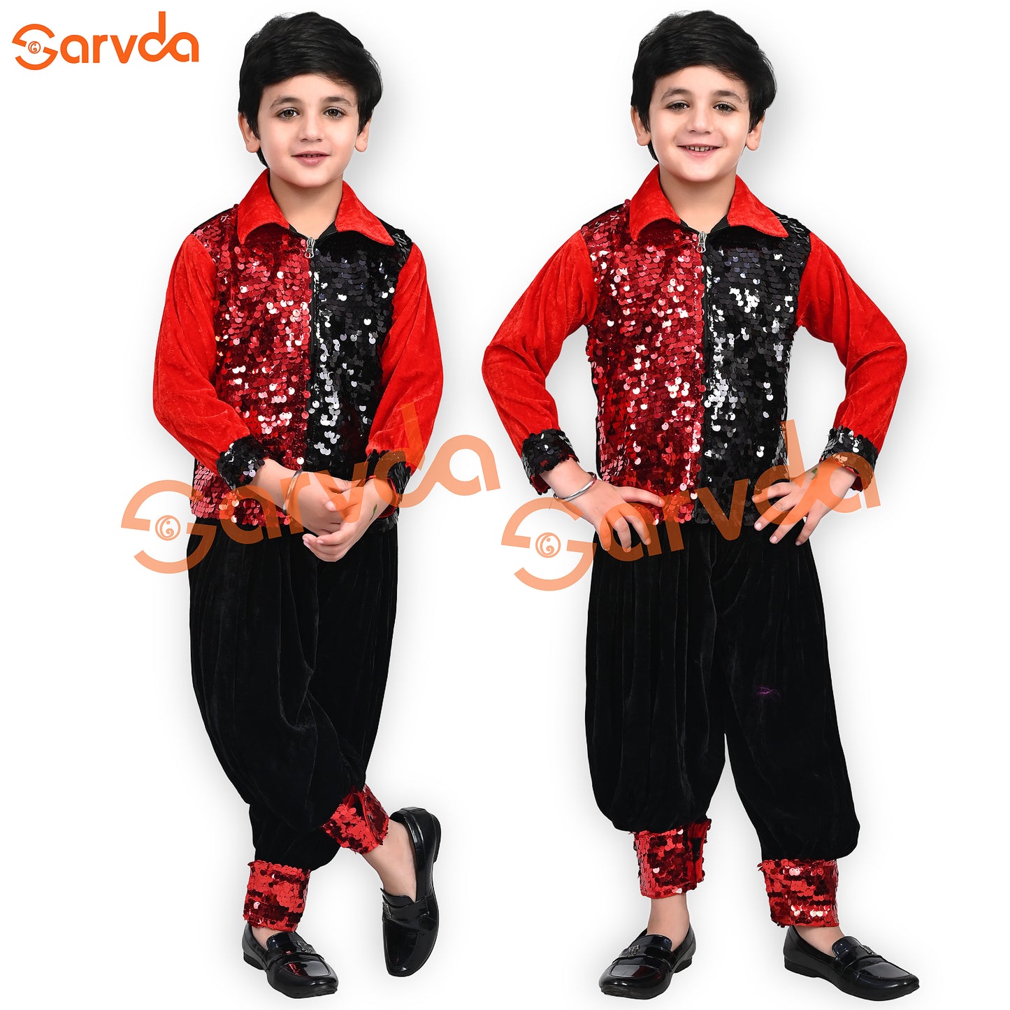 Red Sequence Shirt and  Black Herum  Set for Boys Western dress