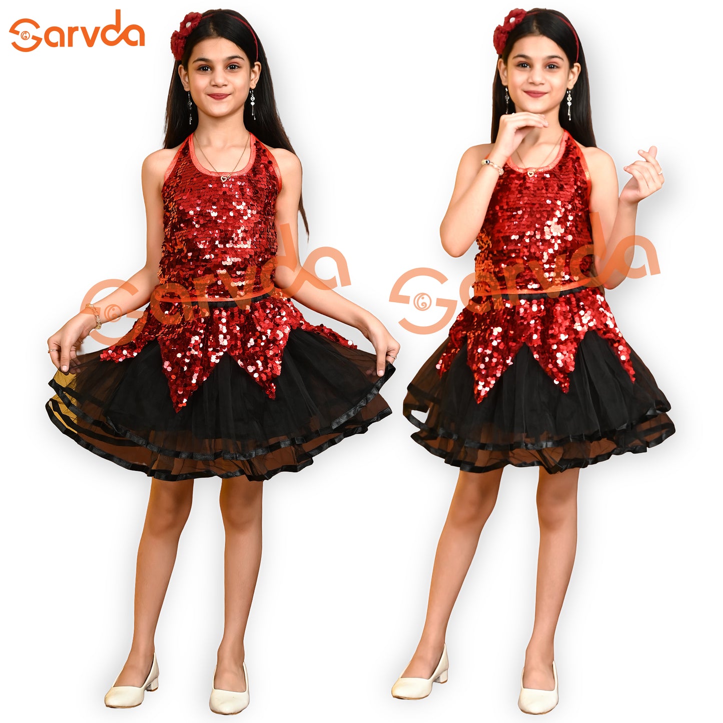 Red Sequence Top and  Black Skirt Set for Girl Western dress