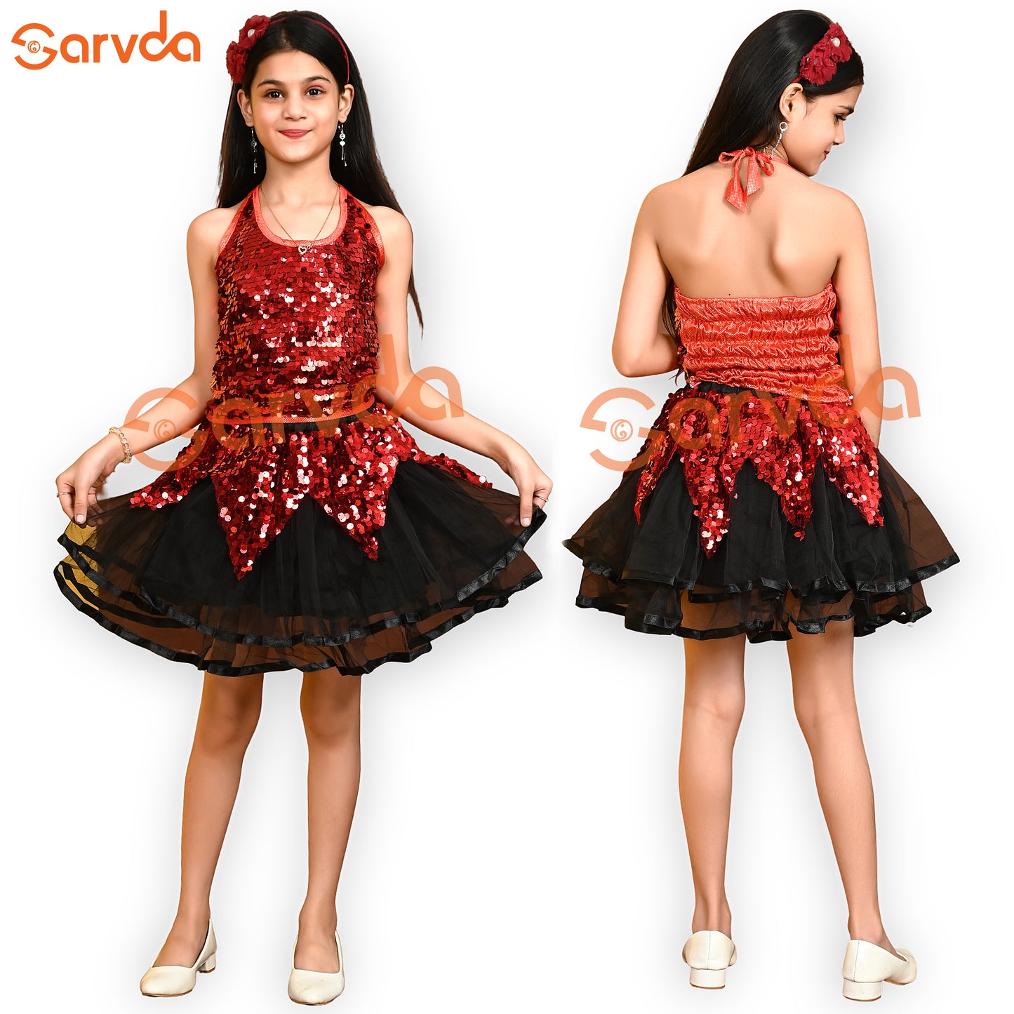 Red Sequence Top and  Black Skirt Set for Girl Western dress