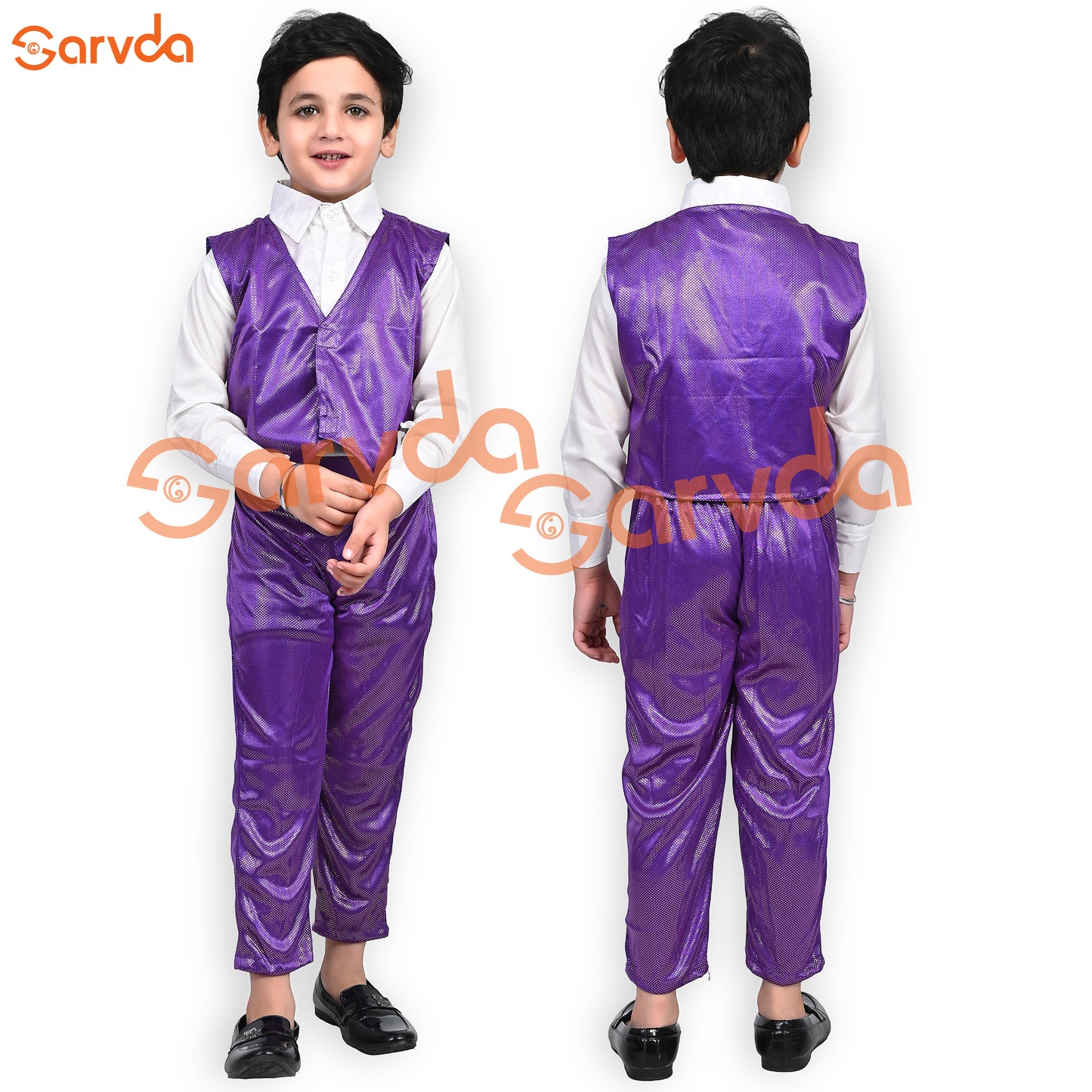 Purple  Pant, Waist Coat and White shirt Set Western For boys