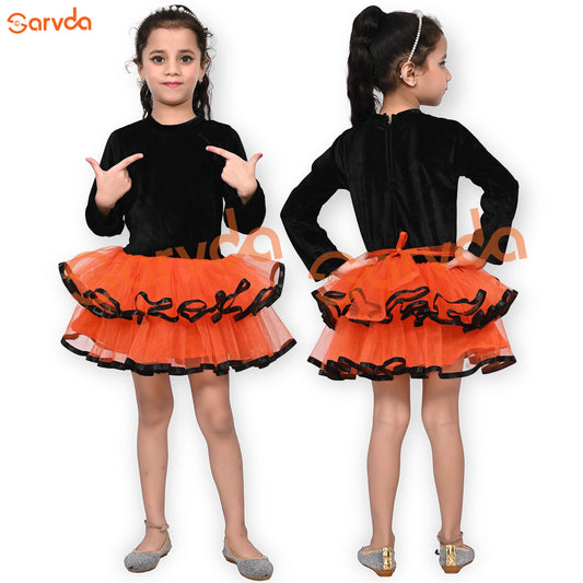 Orange And Black Velvet Frock