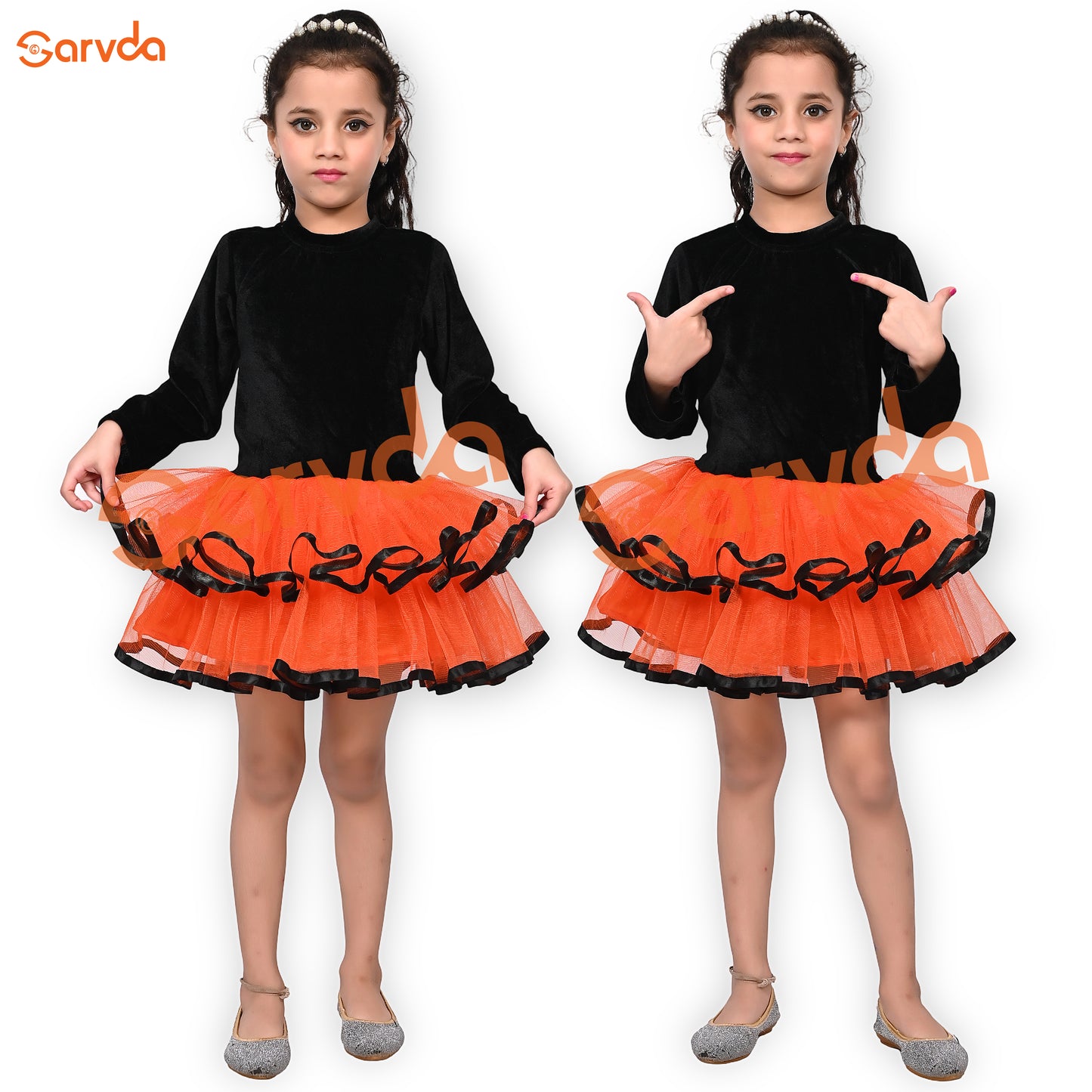 Orange And Black Velvet Frock