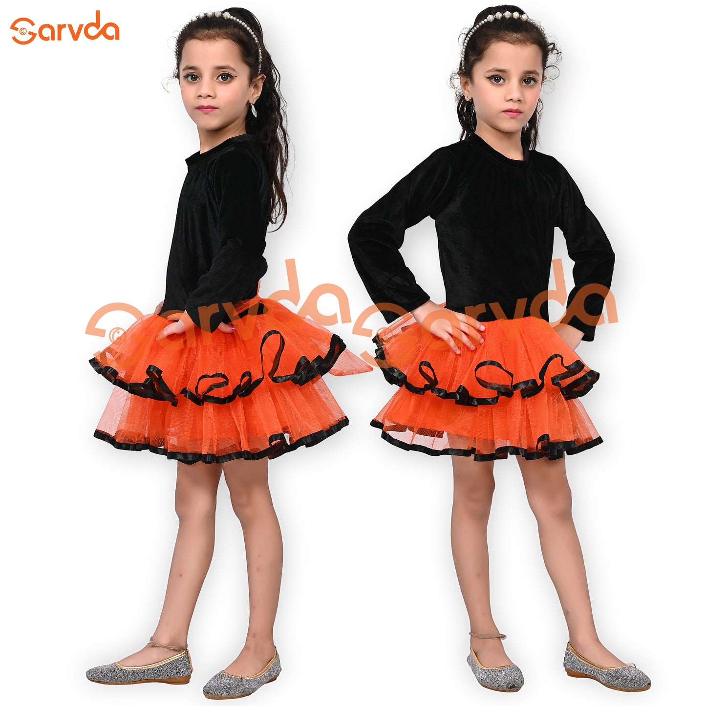 Orange And Black Velvet Frock