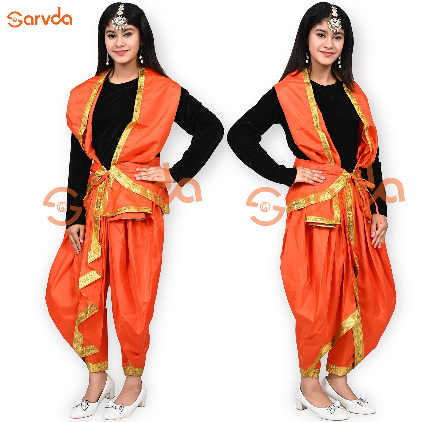 Black Top And Orange Frill Dhoti with Hip Cover and Dupatta (Patka)