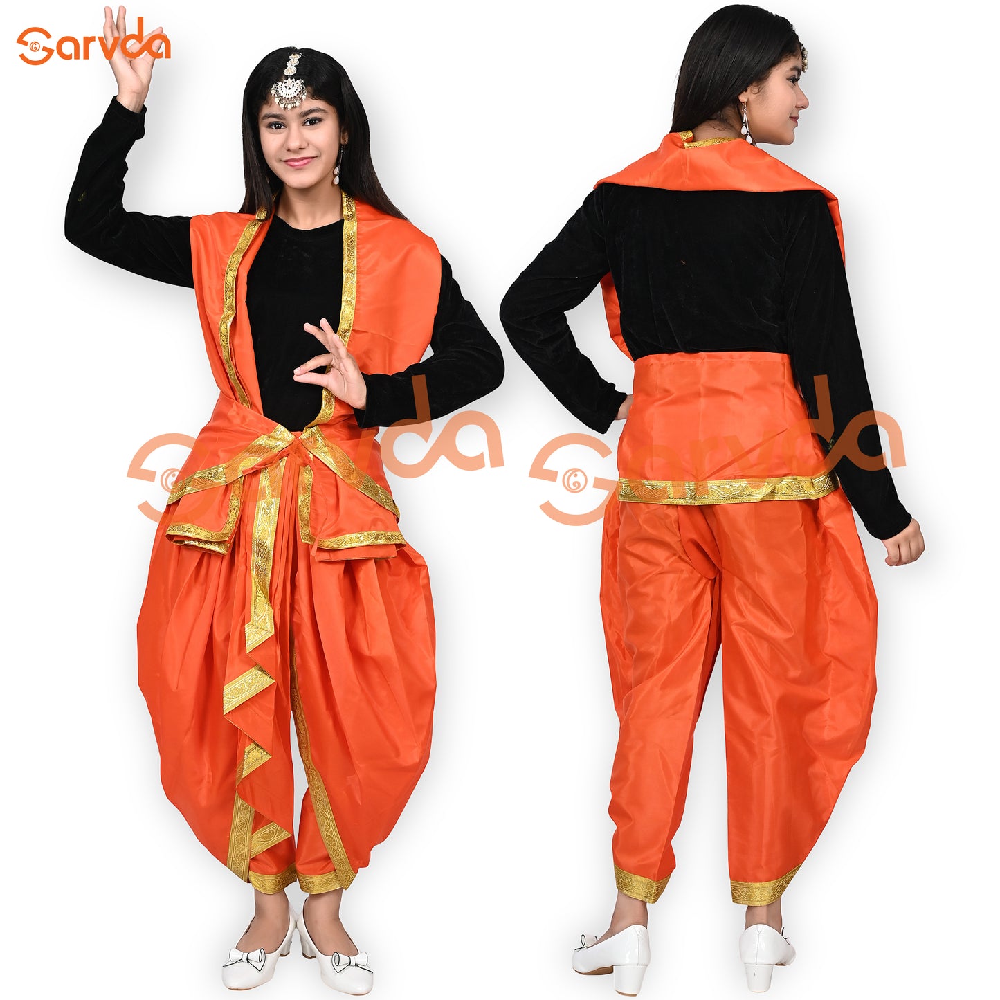 Black Top And Orange Frill Dhoti with Hip Cover and Dupatta (Patka)