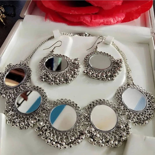 Mirror Afghani Choker Necklace jewelry Set with Earings - 14 No