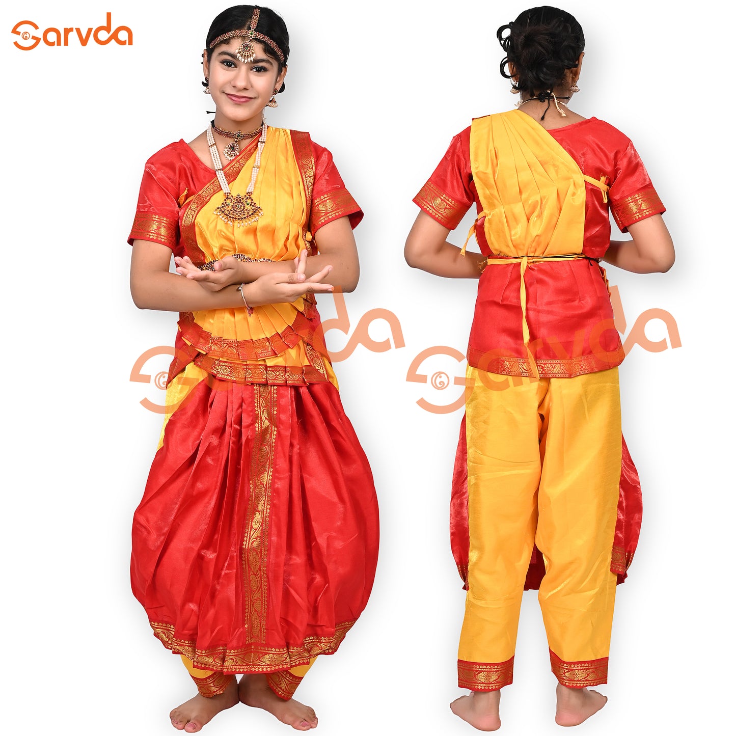 Premium Bharatanatyam (5 pcs set) Dance Costume - Red And Yellow
