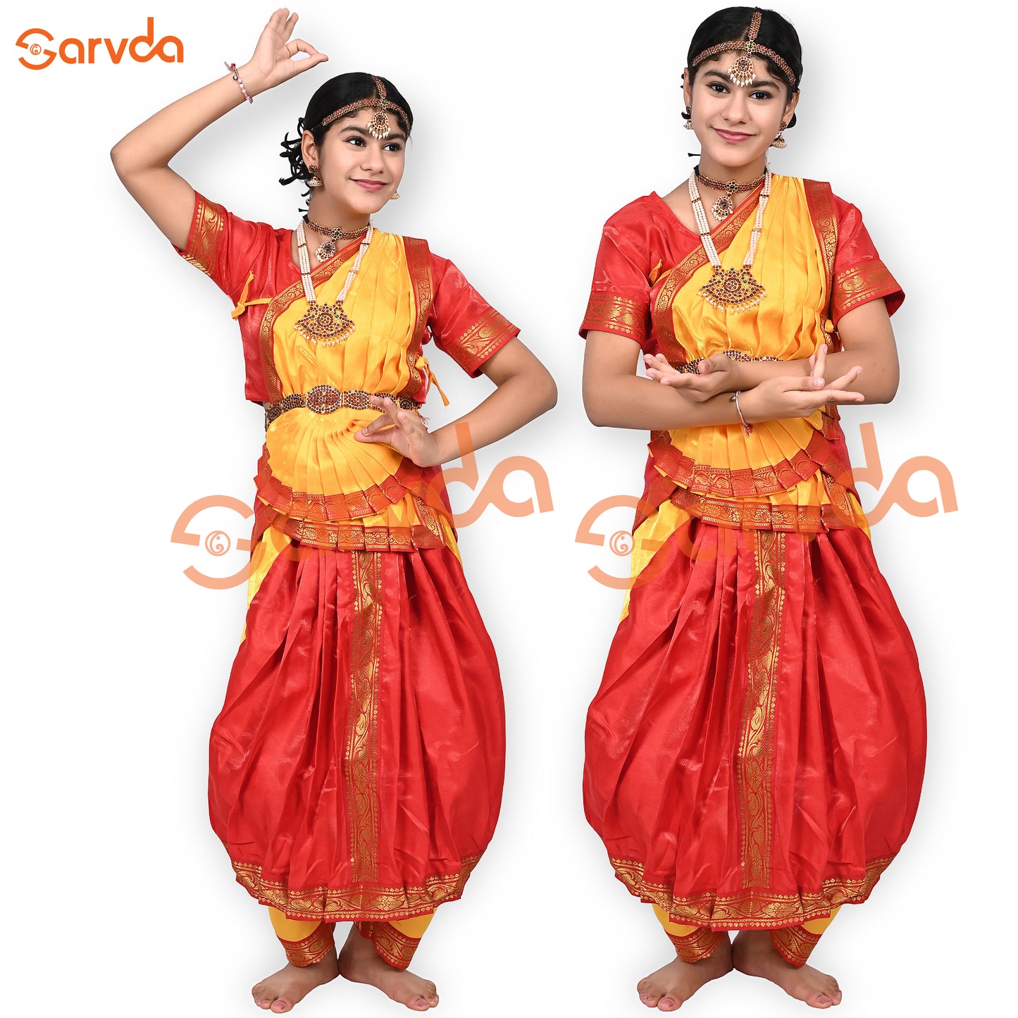 Premium Bharatanatyam (5 pcs set) Dance Costume - Red And Yellow