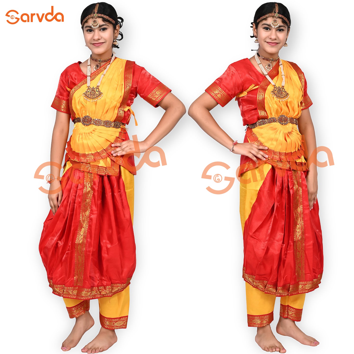 Premium Bharatanatyam (5 pcs set) Dance Costume - Red And Yellow