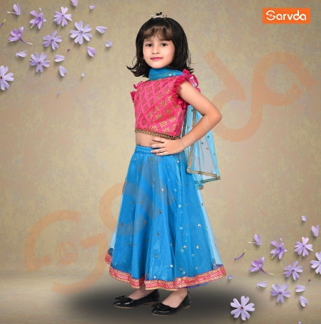 Prebooking Firozi Net Lahenga And Pink Choli