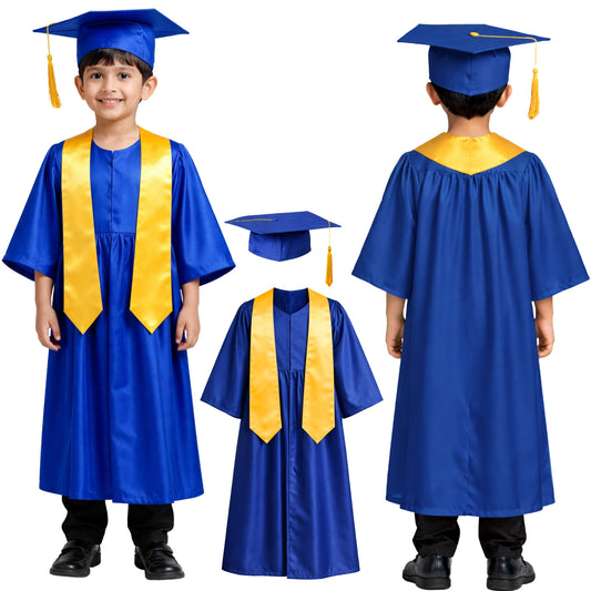 New Convocation / Graduation/ Degree Blue Gown with Degree Cap & Mustard Colour Sashe