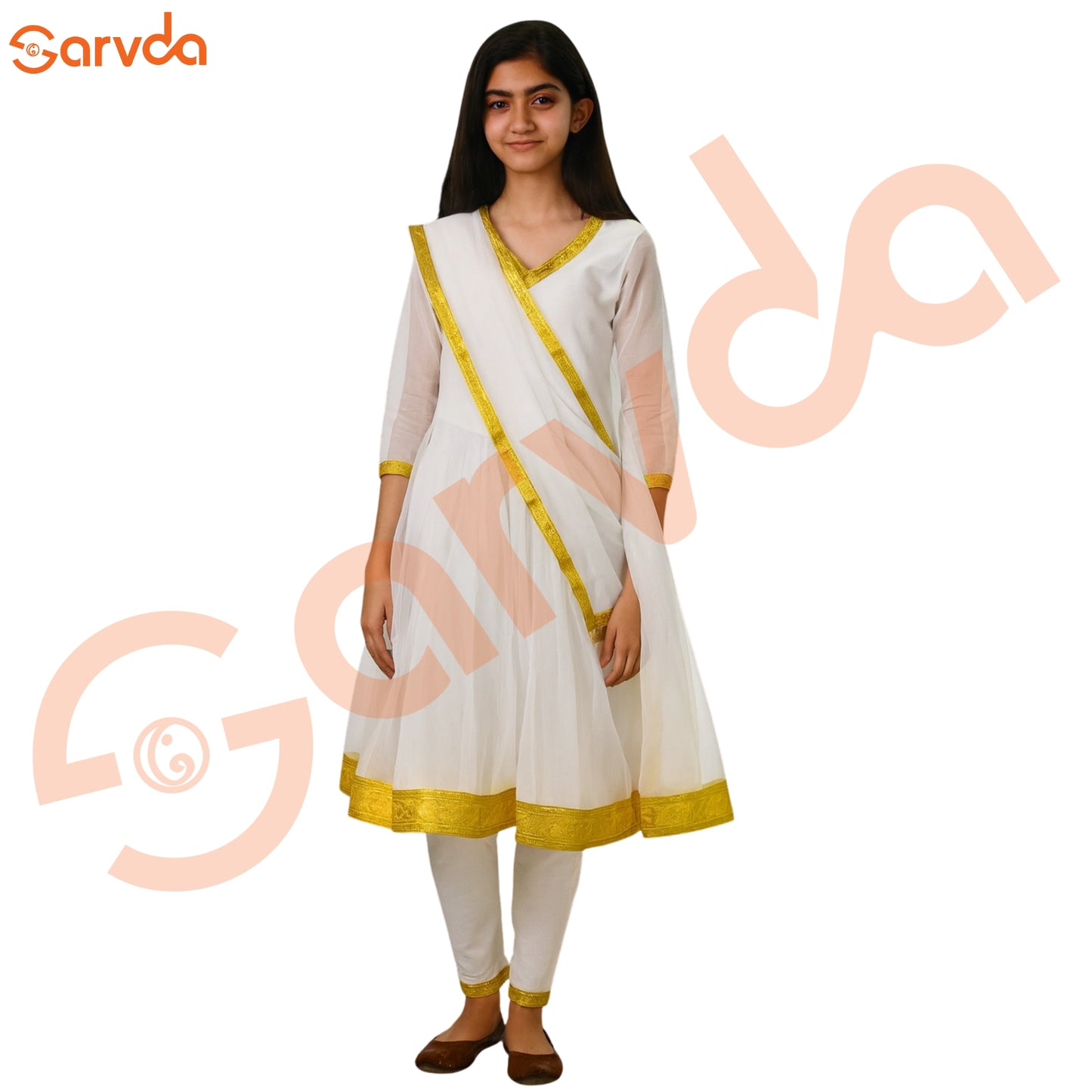 White Anarkali Golden Border with white pajami and Duppatta Set