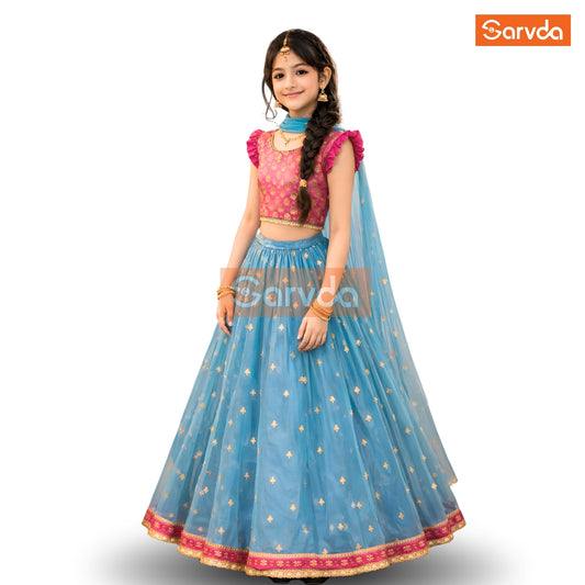 Prebooking Firozi Net Lahenga And Pink Choli