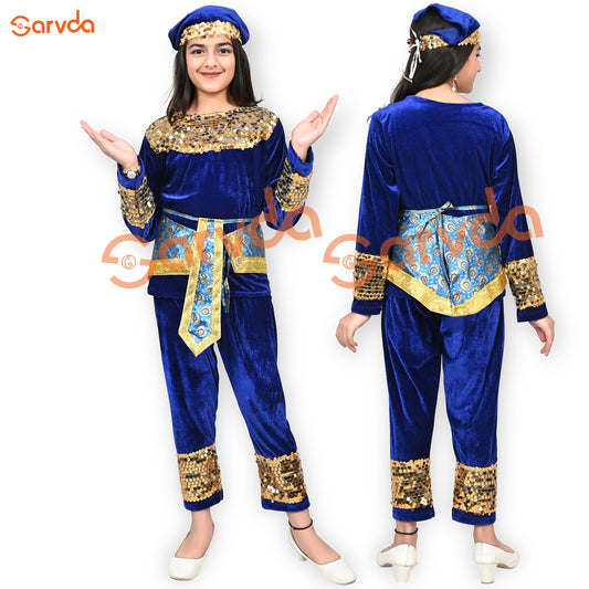 Peacock-Inspired Traditional Dance Costume – Royal Blue & Golden Sequence
