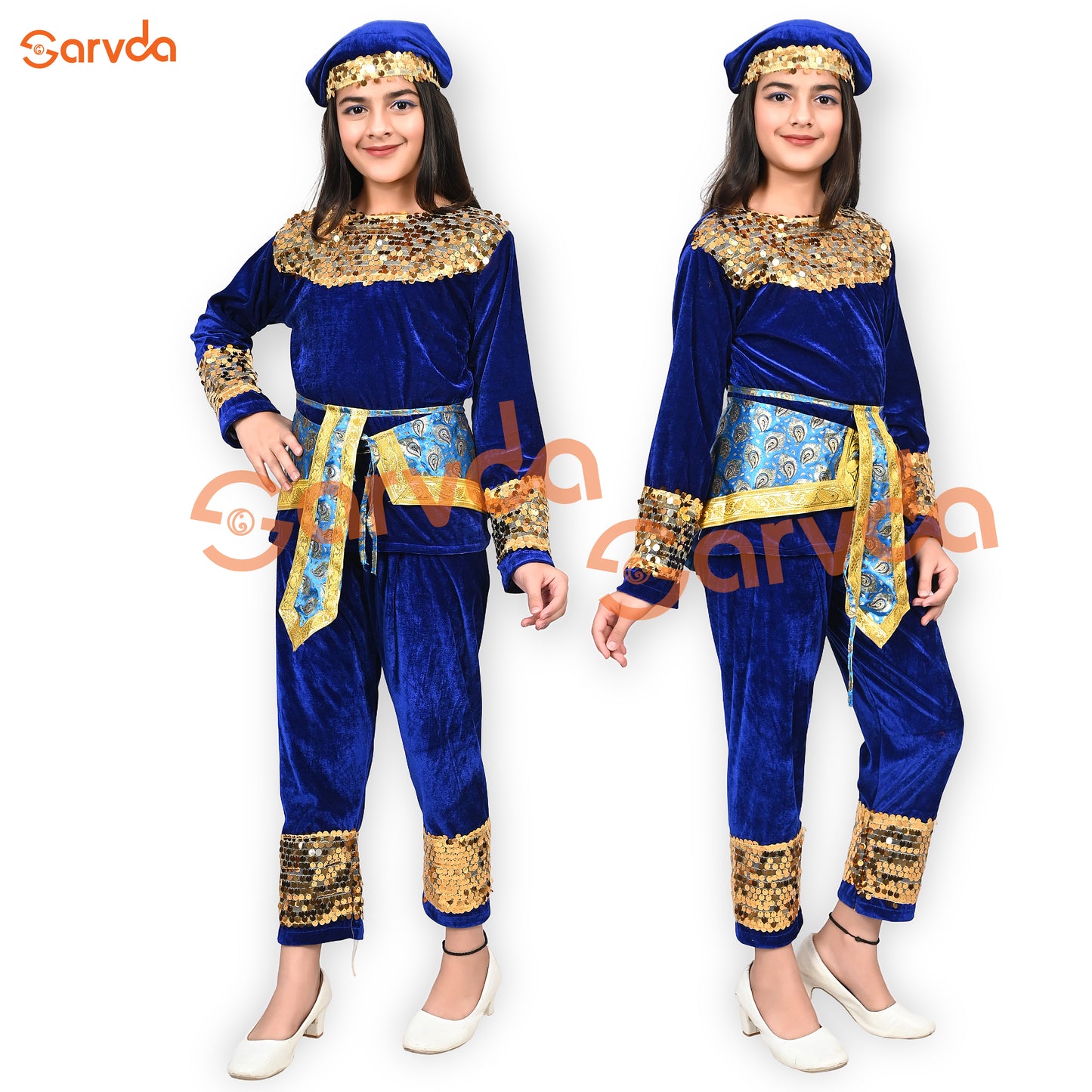 Peacock-Inspired Traditional Dance Costume – Royal Blue & Golden Sequence