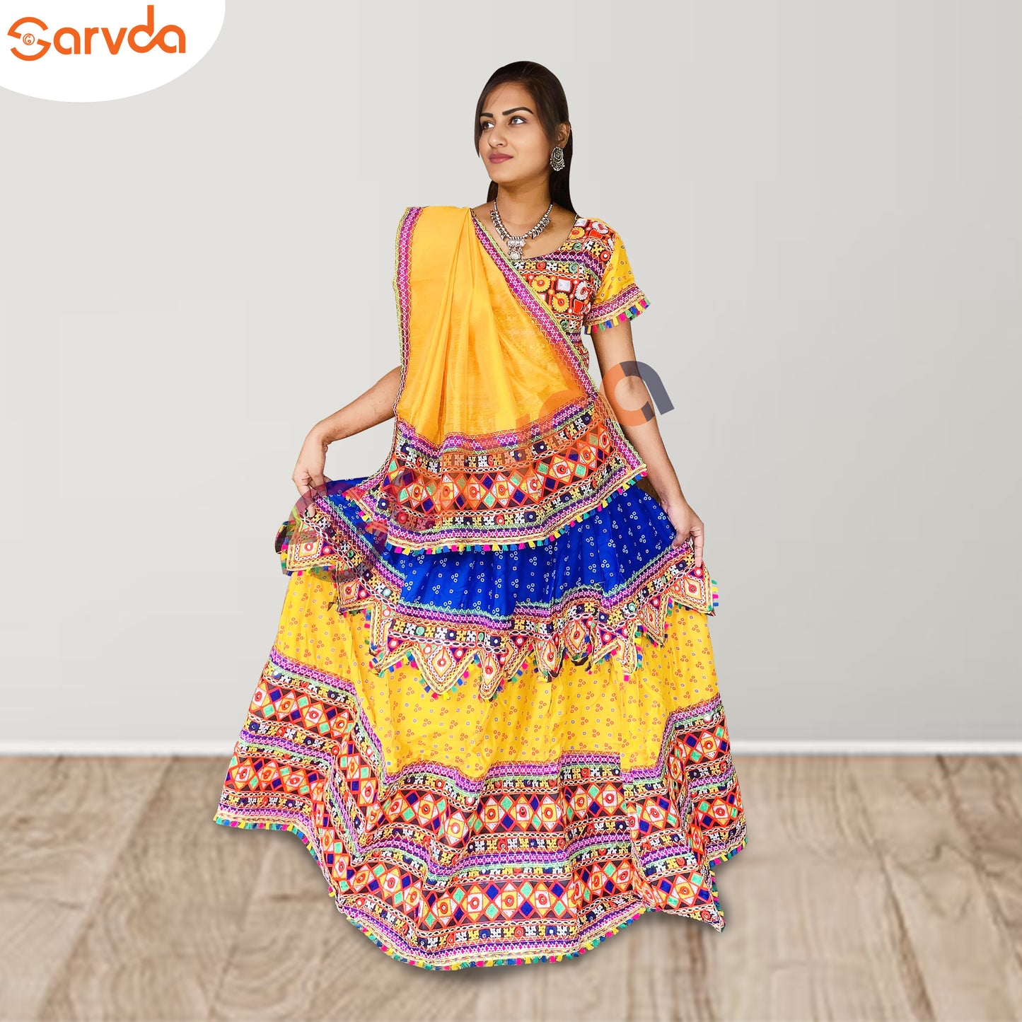 Two Colour Combination Gujrati Lahenga For Adults