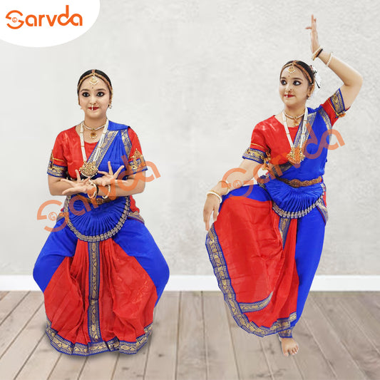 Premium Bharatanatyam (5 pcs set) Dance Costume - Red And Blue