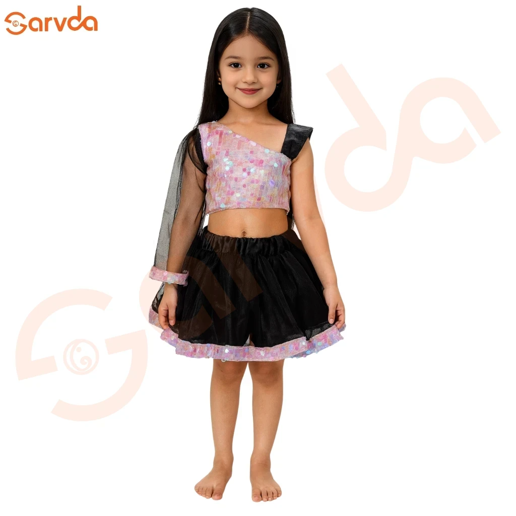 Rainbow latkan Top And Black Skirt For Girls