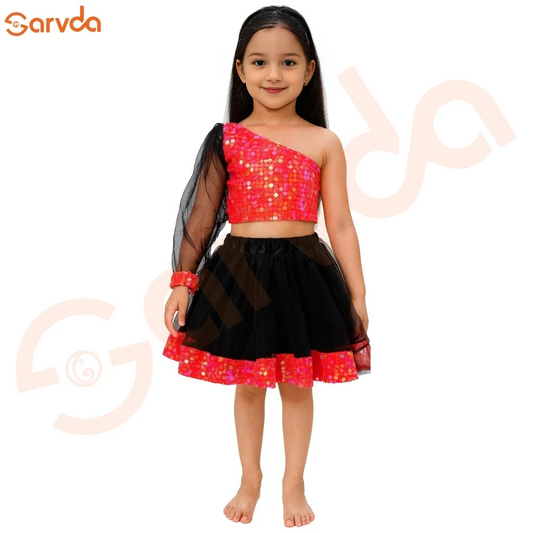 Rainbow Red Latkan Top And Black Skirt For Girls