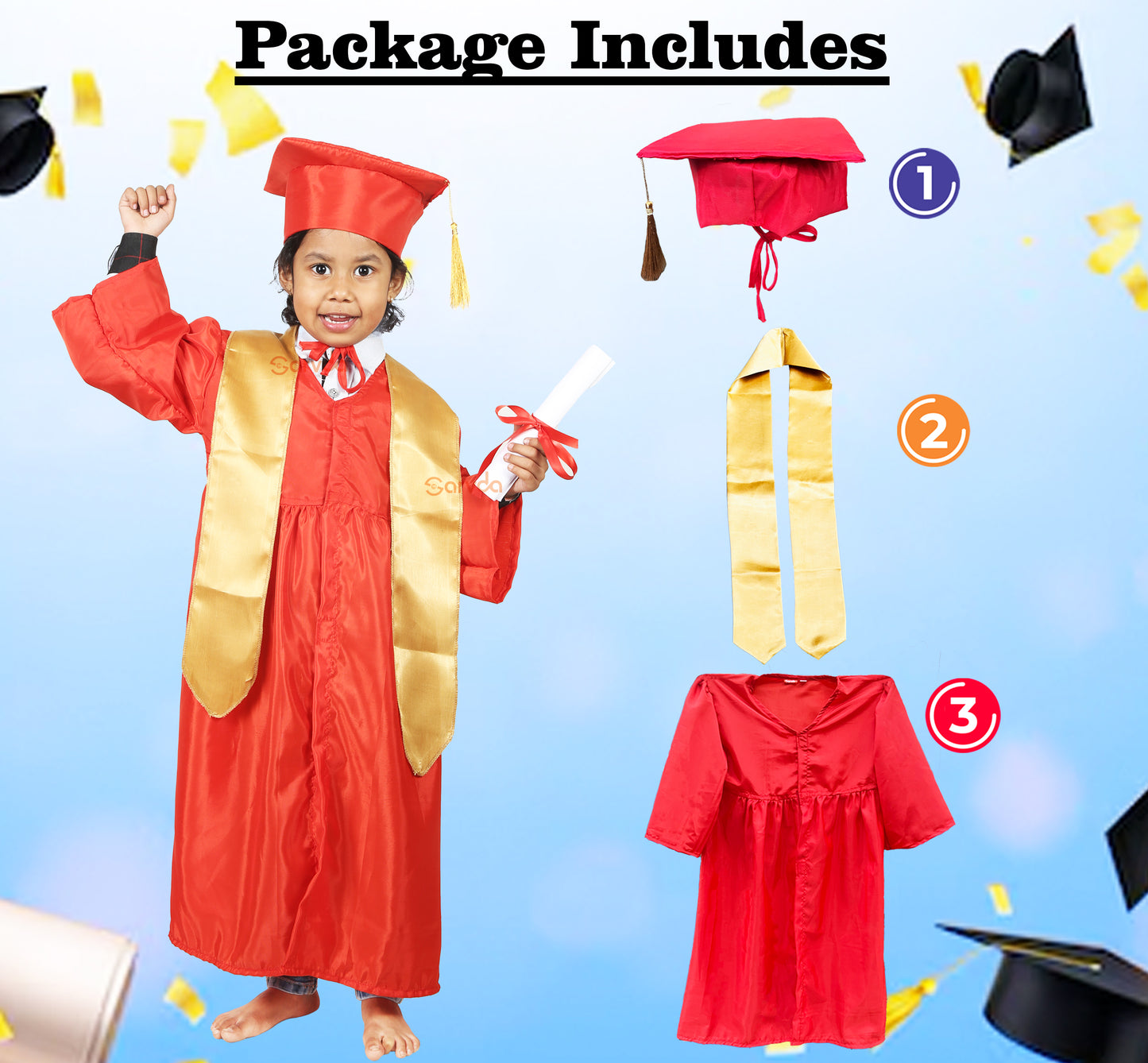 Prebooking New Convocation / Graduation/ Degree Red Gown with Degree Cap & Golden Sashe