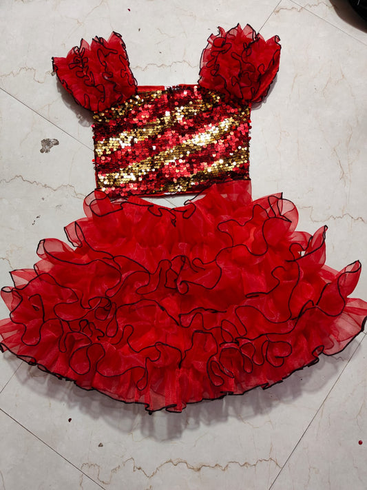 Prebooking Red & Golden  Sequence Top and Red Skirt