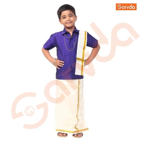 South Indian Boy Costume - Purple Shit , white lungi, white Patka