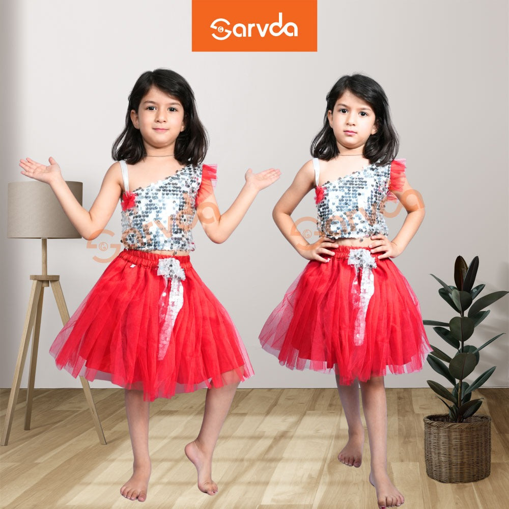 Silver Sequence Top and Red Skirt for Girls