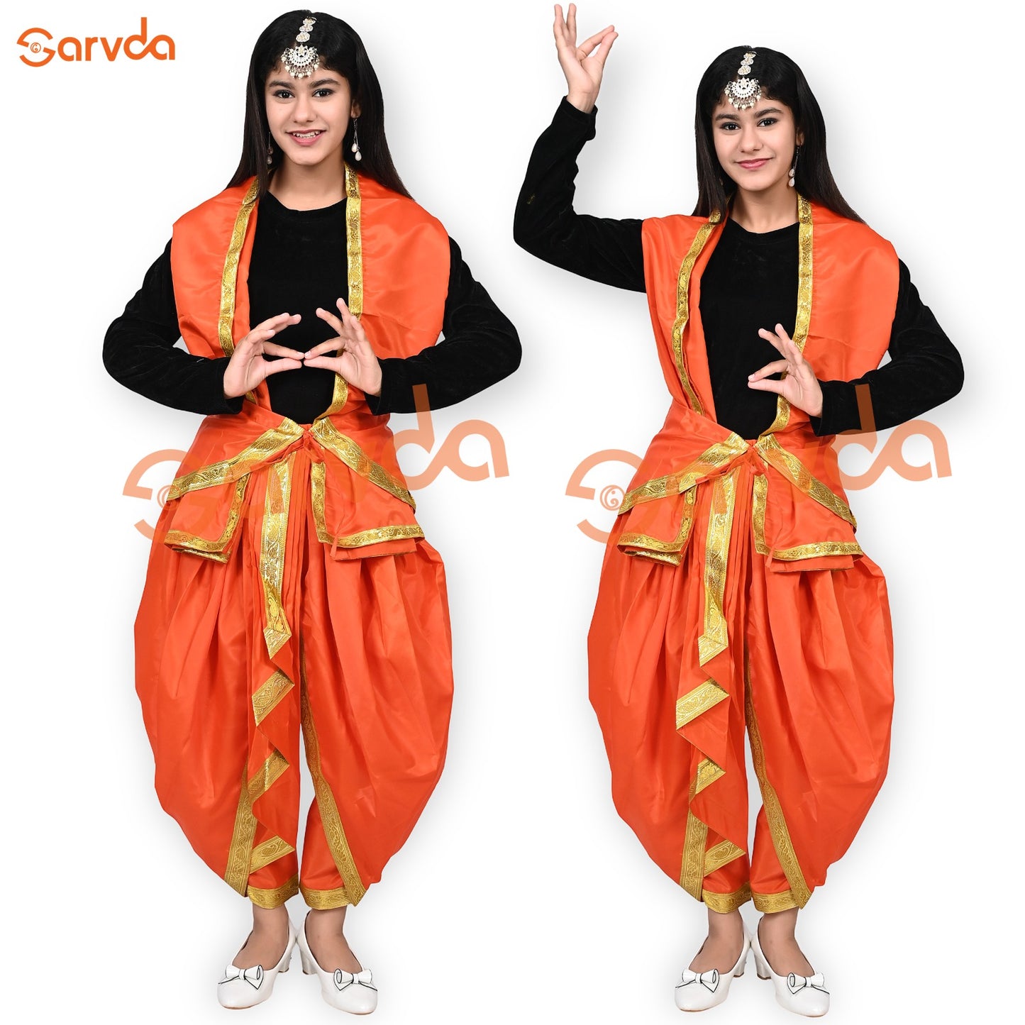 Black Top And Orange Frill Dhoti with Hip Cover and Dupatta (Patka)