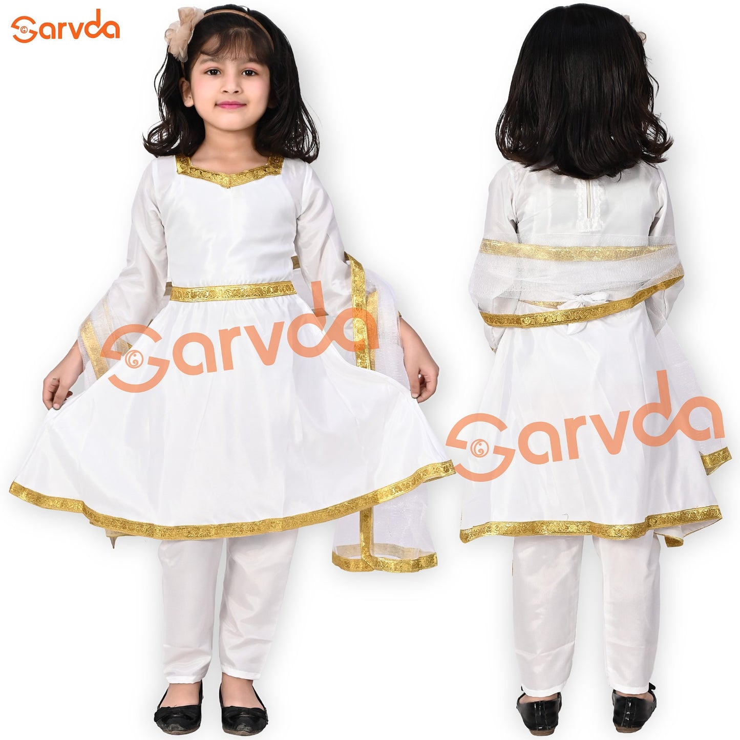 White Anarkali Golden Border with white pajami and Duppatta Set