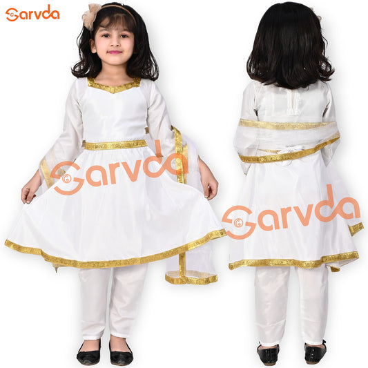 White Anarkali Golden Border with white pajami and Duppatta Set