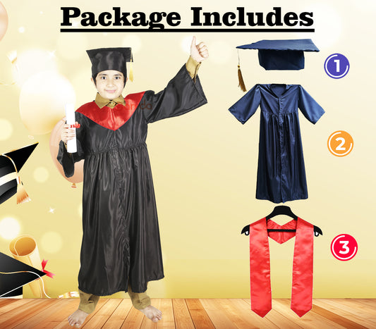 Prebooking New Convocation / Graduation/ Degree Black Gown with Degree Cap & Red Sashe