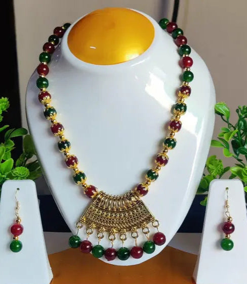 Traditional Set - Pendant with Earrings (Maroon & Green Pearl Set)